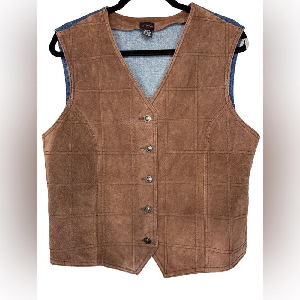 Vintage Gloria Vanderbilt Petite Suede & Denim Vest Plaid Lining Western Core Lg